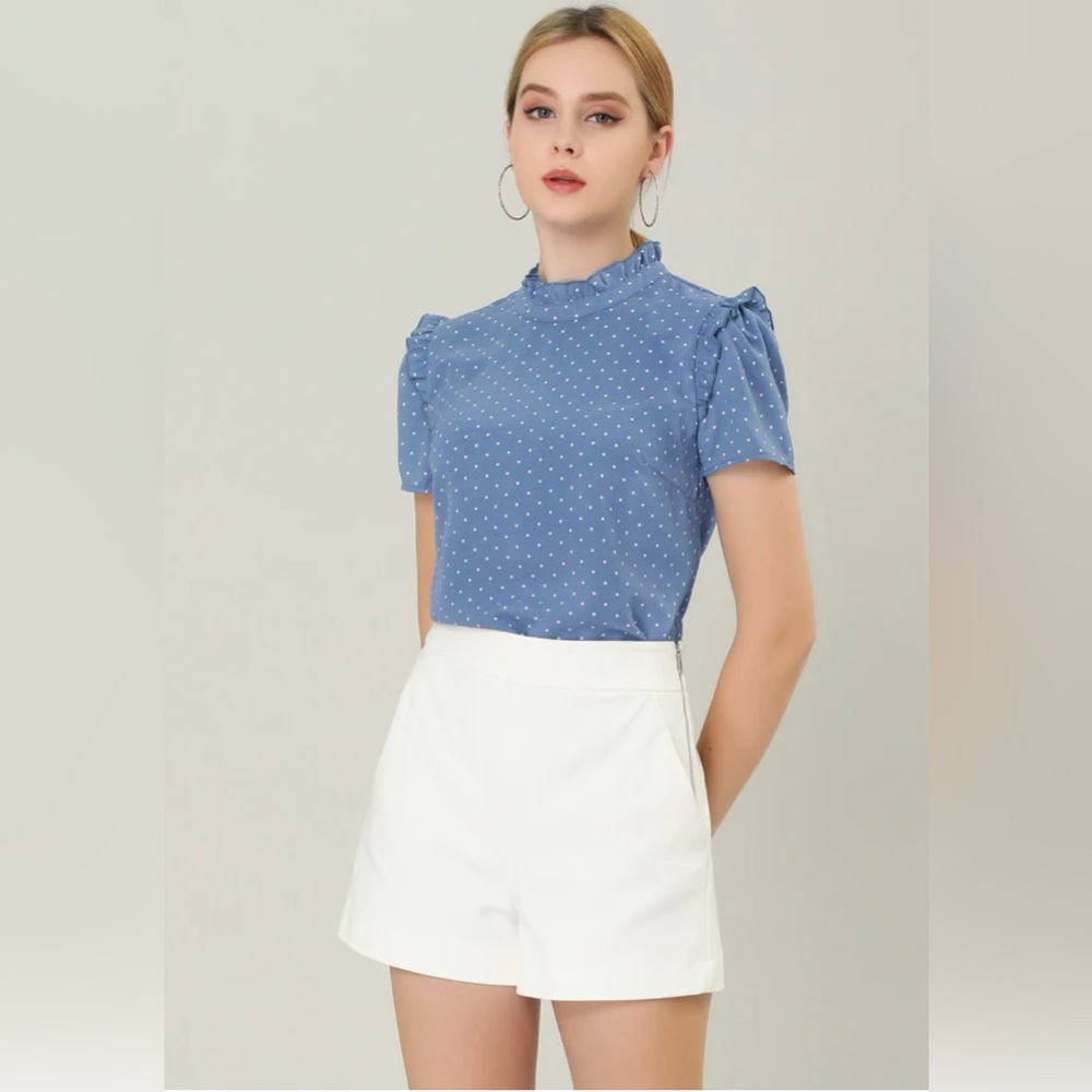 Allegra K Ruffled Retro Short Sleeve Office Polka Dots Blouse